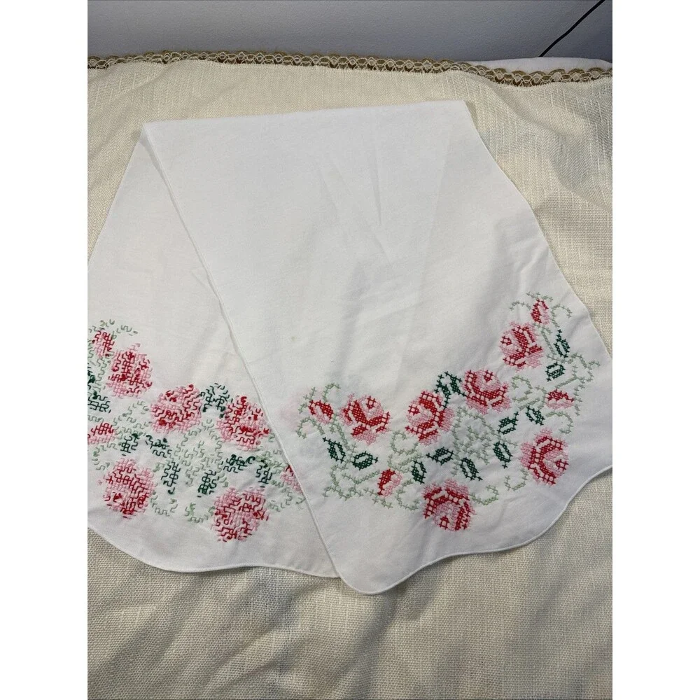 VTG Table Runner Dresser Vanity Scarf Floral Cross Stitch Embroidery 41”x14”